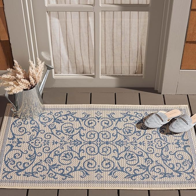 SAFAVIEH Courtyard Collection Accent Rug - 2' x 3'7", Natural & Blue, Indoor/Outdoor & Washable, Ideal for High Traffic Areas in Patio, Backyard, Mudroom, Entryway, Doormat (CY2098-3101-2)