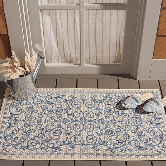 SAFAVIEH Courtyard Collection Accent Rug - 2' x 3'7", Natural & Blue, Indoor/Outdoor & Washable, Ideal for High Traffic Areas in Patio, Backyard, Mudroom, Entryway, Doormat (CY2098-3101-2)