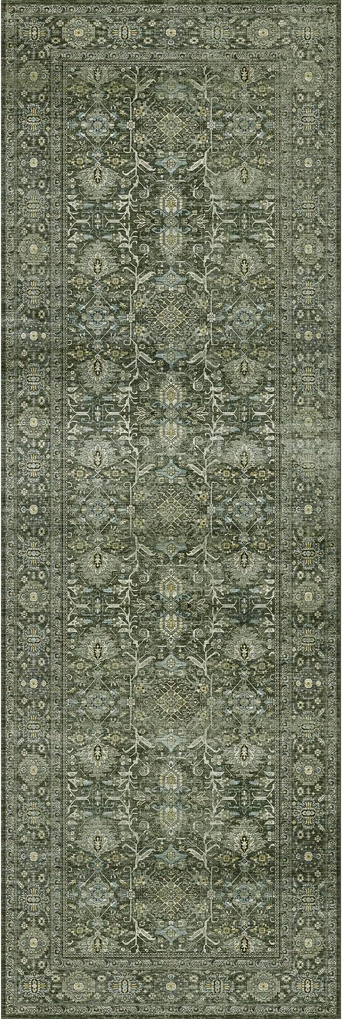 Green Runner Rug 2x8 Vintage Area Carpet Hallway Long Indoor Kitchen Washable Living Room Low Pile Traditional Distressed Retro Accent Throw Rug Non Slip Laundry Bathroom Office Dining Room