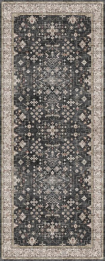 Black Entryway 2x5 Runner Rug, Small Throw Runners for Kitchen Bedroom Bathroom Laundry Room, Vintage Floral Decor & Non-Slip Low-Pile Washable Stain Resistant, Dark Ashen Charcoal