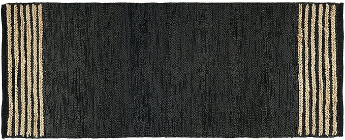 GRUHUM Jute Runner Rug 2'6"x 8' ft Natural Fibre Black Rectangular Jute Area Rug Leather Handwoven Boho Farmhouse Braided Rustic Vintage Eco Friendly Rug Kitchen Livingroom Bedroom Hallways Enterways