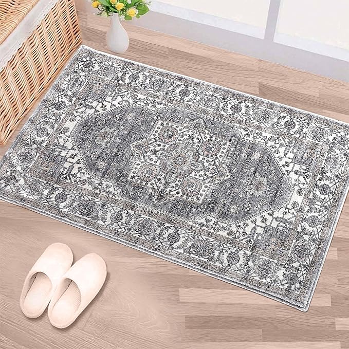 Vintage Area Rug, 2x3 Washable Rugs for Living Room Bedroom Entryway Indoor Door mat, Distressed Boho Country Accent Rugs, Thin Low-Pile Floor Carpet for Kids Pet (Brown)