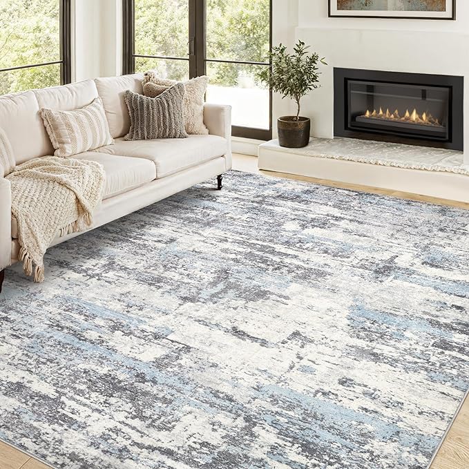 Area Rugs for Living Room: 5x7 Abstract Washable Rug Modern Neutral Large Soft Stain Resistant Non-Slip Backing Machine Table for Bedroom Dining Room Indoor Home Office Carpet - Blue Grey