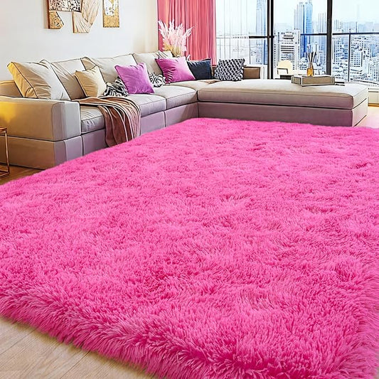 6x9 Fluffy Fuzzy Area Rug for Living Room Bedroom, Ultra Soft Large Living Room Rugs, Non Slip Thick Shag Rug for Dorm, Kids Girls Boys Rug for Home Decor Aesthetic, Hot Pink