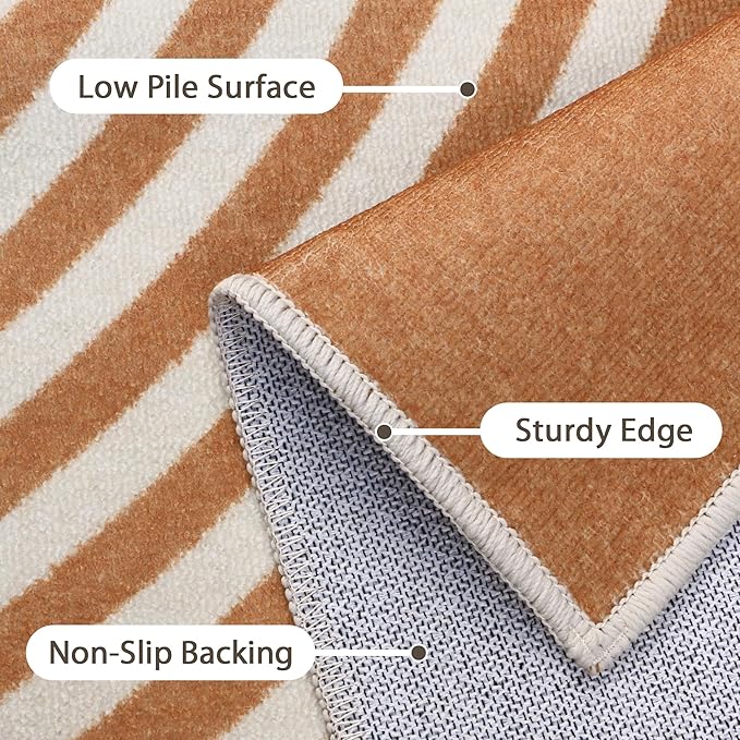 Bavni Area Rugs 8x10, Modern Soft Bedroom Rug, Machine Washable Rug Non Slip, Abstract Low Pile Large Rugs for Living Room, Dining Room, Orange Beige Lines