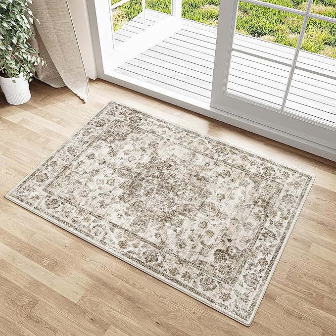 2x3 Washable Neutral Area Rug Brown Entryway Kitchen Non-Slip Low Pile Floral Carpet Door Mat Vintage Soft Thin Small Throw Rug for Bathroom Bedroom Indoor Entrance