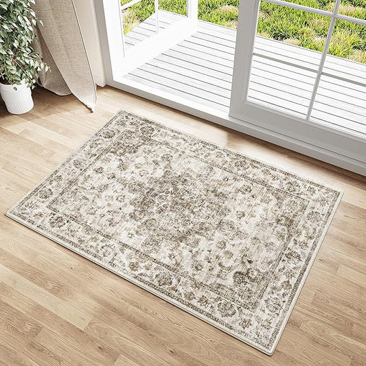 2x3 Washable Neutral Area Rug Brown Entryway Kitchen Non-Slip Low Pile Floral Carpet Door Mat Vintage Soft Thin Small Throw Rug for Bathroom Bedroom Indoor Entrance