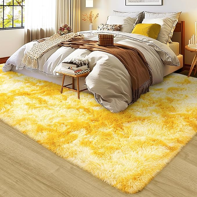 Ultra Fluffy Rug for Living Room Bedroom, 5x7 Fuzzy Large Area Rug for Living Room, Plush Soft Shag Carpet for Girl Boy Kids, Non Slip Rug Modern Indoor Home Decor Aesthetic, Tie-Dyed Yellow