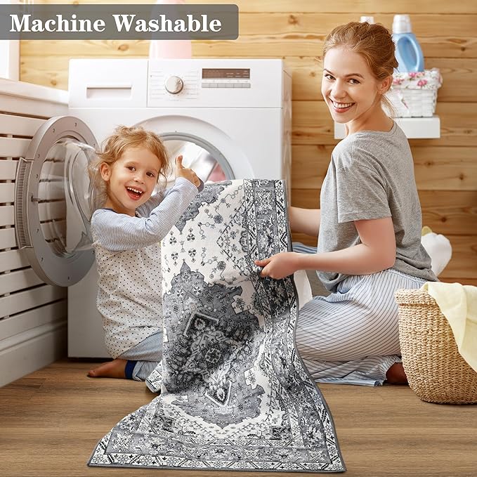 Noahas Front Door Mat Indoor Outdoor Entrance,2x3 Small Grey and Blue Area Rugs Vintage Machine Washable Rugs Non-Slip Low Pile Carpets for Entryway Bathroom Kitchen Bedroom Laundry Room Home Decor