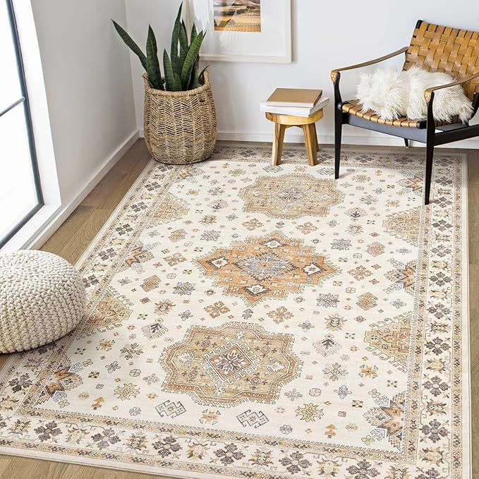 Washable Area Rugs for Living Room - 5x7 Neutral Vintage Distressed Floral Farmhouse Boho Large Soft Floor Rug Indoor Non Slip Carpet for Living Room Bedroom Dining Room Office - Orange/Yellow/Beige