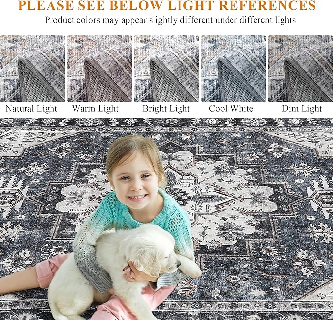 3x5 Area Rugs Washable Boho Rug, Non Slip Carpet for Living Room, Boho Vintage Design Rug, Foldable Soft Low-Pile Rug, Blue/Gray-Brown