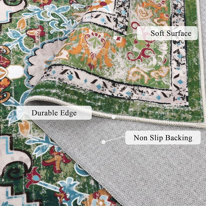 U'Artlines Boho Vintage Area Rug 4x6 Machine Washable Low Pile Soft Floor Carpet Non Slip Non Shedding Accent Rug for Living Room Bedroom Entryway Dining Room Office Green