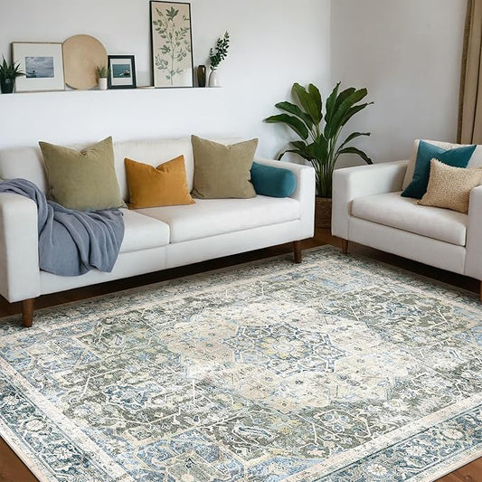 Kokia 6x9 Area Rugs for Living Room, Machine Washable Non Slip Vintage Boho Rugs, Low Pile Distressed Medallion Print Rug for Bedroom, Dining Room Blue 6 x 9