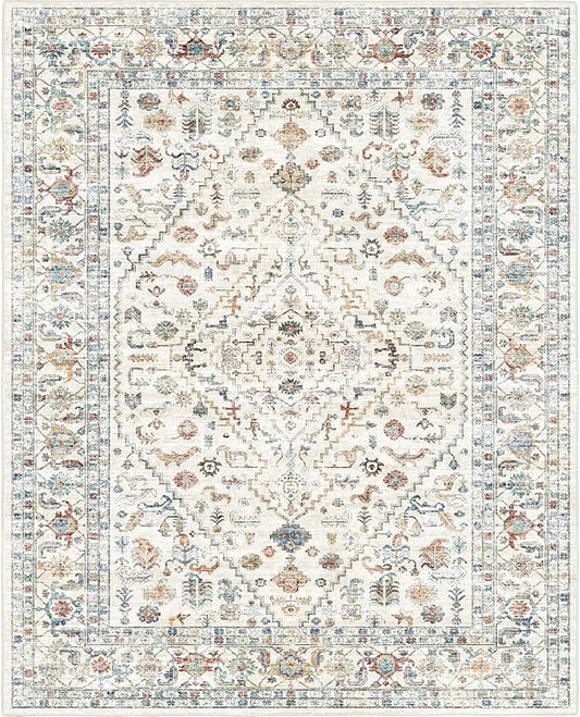 Area Rug 8x10 Washable Rug Cream Indoor Foldable Thin Retro Accent Area Rug Floral Non Slip Carpet Living Room Dining Room Office (Cream Base 8x10