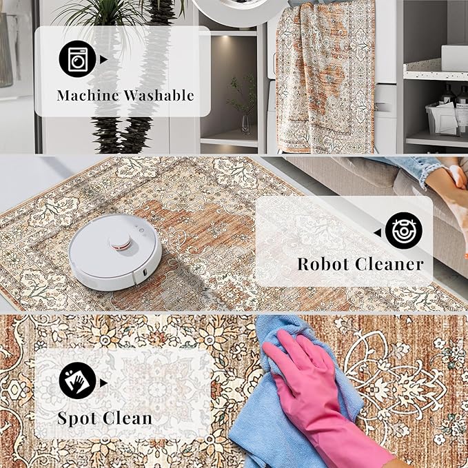 Washable Entryway 2x3 Rug: Small Boho Rugs for Indoor Entrance Non Slip Backing Stain Resistant Carpet Low Pile Throw Rugs for Bedroom Bedside Inside Front Door Floor Kitchen Decor(Brick,2x3FT)