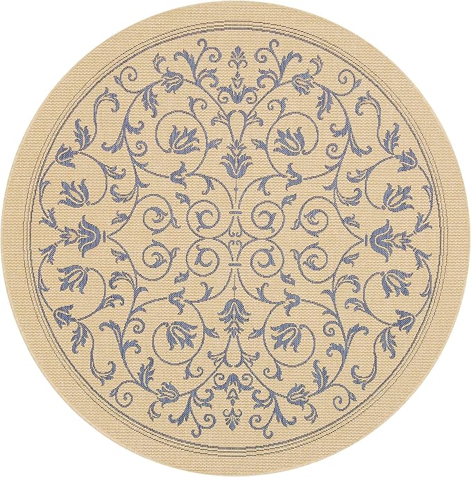SAFAVIEH Courtyard Collection Area Rug - 6'7" Round, Natural & Blue, Scroll Design, Non-Shedding & Easy Care, Indoor/Outdoor & Washable-Ideal for Patio, Backyard, Mudroom (CY2098-3101)
