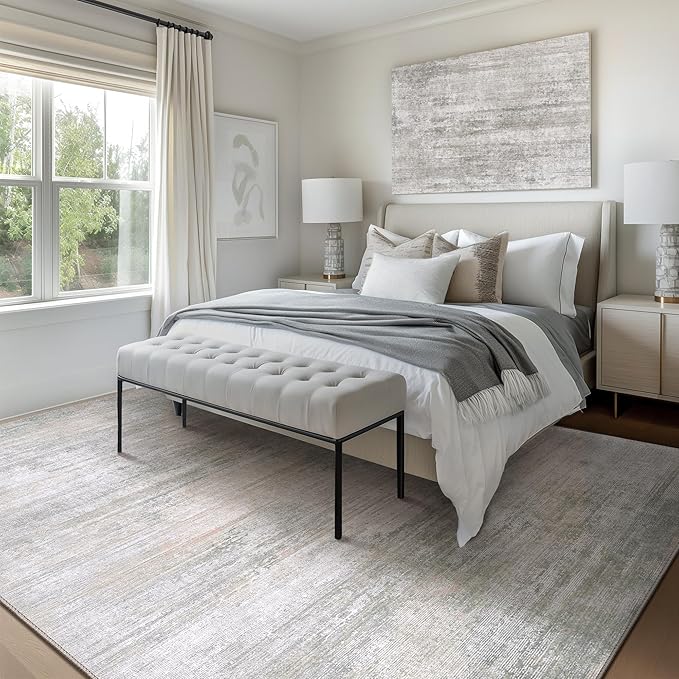 Bavni 8x10 Area Rugs, Abstract Modern Living Room Rugs, Large Machine Washable Rug Non-Slip, Soft Pet Friendly Rugs for Bedroom, Playroom, Dining Room, White/Grey