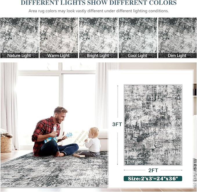 Washable Entryway 2x3 Rugs: Neutral Small Area Rug Abstract Non Slip Modern Indoor Door Mat for Kitchen Bedroom Hallway Office (Black Grey, 2'x3')