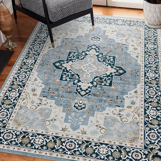 Washable Area Rug 5x7 Non-Slip, Navy Blue Boho Rugs for Living Room Decor，Indoor Mat for Front Porch, Kitchen, Laundry Room, Bathroom