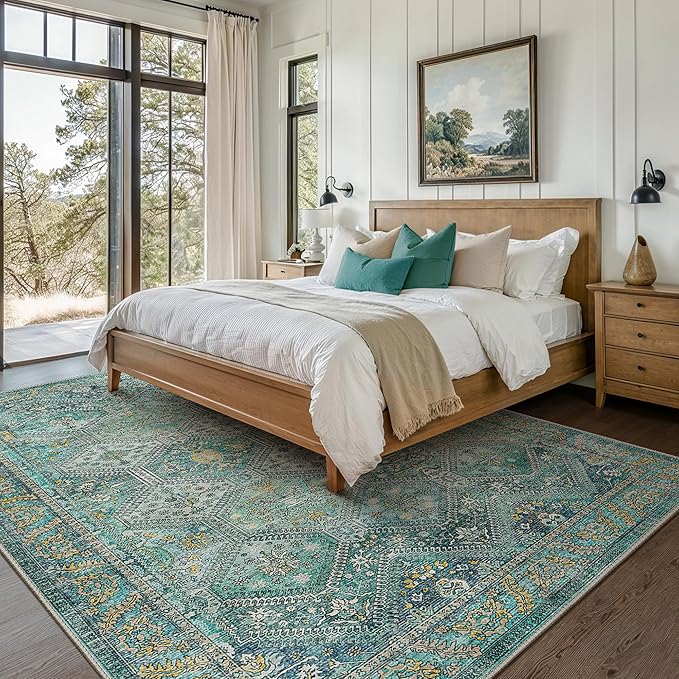 Bavni 6x9 Area Rugs for Living Room, Machine Washable Rug Non Slip, Vintage Chenille Distressed Print Carpet, Large Low Pile Ultra-Thin Lightweight Rugs for Bedroom, Dining Room, Home, Office, Cyan