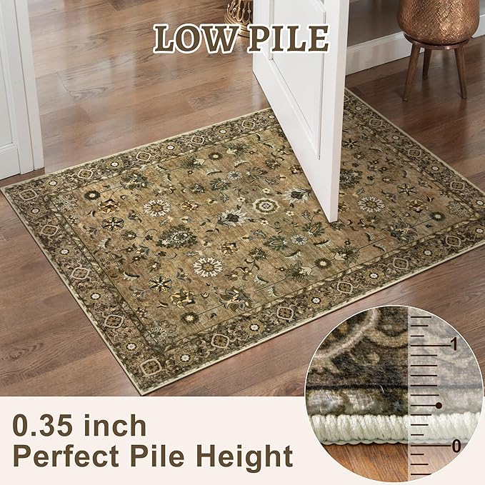2x10 Hallway Runner Rug, Washable Non-Slip Vintage Floral Boho Runner Rug for Hallway Entryway Indoor, Brown Print Carpet,Soft Low Pile Long for Kitchen Bedroom