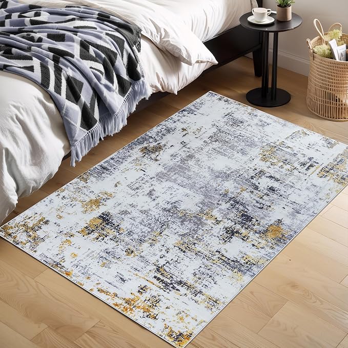 3'x5' Washable Area Rug - Modern Abstract Carpets for Living Room, Bedroom & Dining Room, Stain Resistant, Soft Non-Slip, Machine Washable (Black Gold)