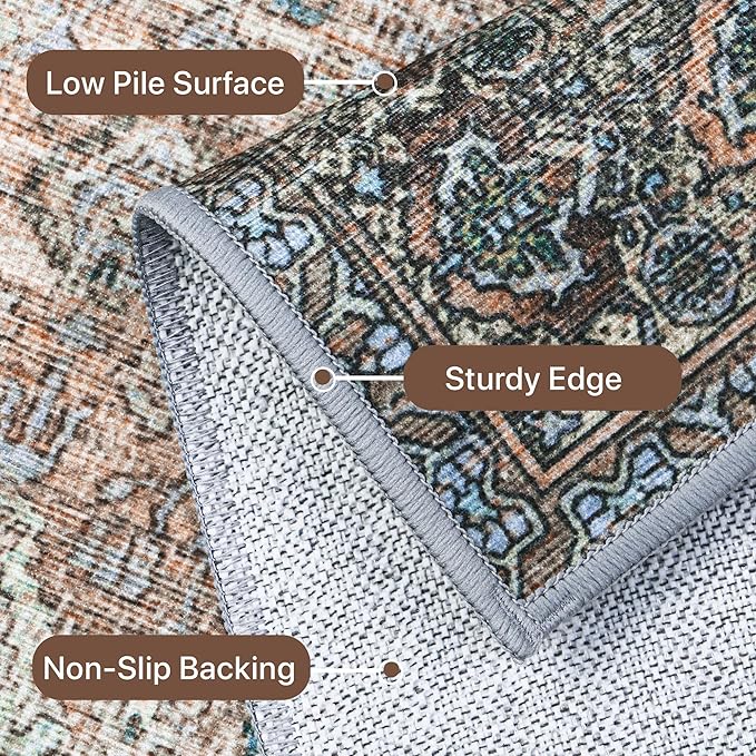 10X14 Area Rugs Machine Washable Rugs for Living Room, Vintage Boho Large Rugs for Bedroom Dining Room, Non Slip Indoor Soft Distressed Lightweight Thin Low Pile Carpet, Vintage Sunset