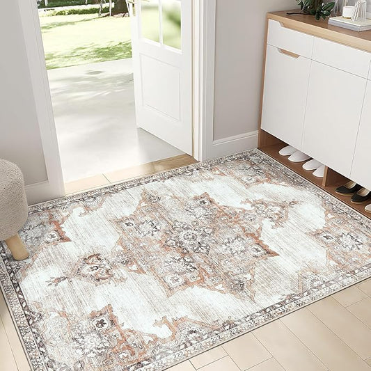 2x3 Rug Entryway Rugs: Washable Boho Vintage Small Rug Indoor Medallion Soft Non Slip Ultra Thin Non-Shedding Front Door Mat for Kitchen Bedroom (Brown, 2' x 3')