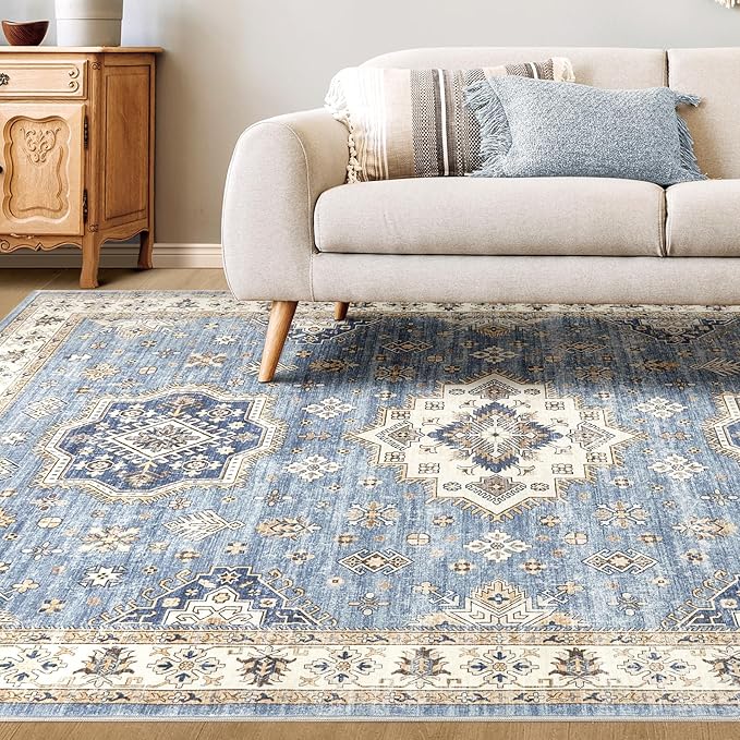 Washable Area Rugs for Living Room - 7x9 Neutral Vintage Distressed Floral Farmhouse Boho Large Soft Floor Rug Indoor Non Slip Carpet for Living Room Bedroom Dining Room Office - Blue