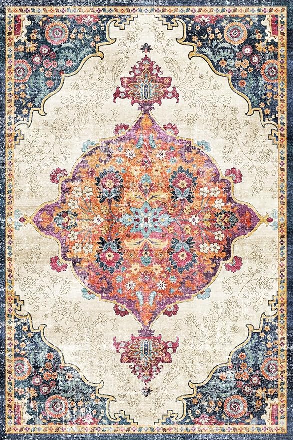 Dripex 4x6 Area Rugs, Machine Washable Non Slip Boho Rugs,Distressed Bedroom Rug, No Pile Lightweight Vintage Rug, Floor Carpet for Living Room,Dining Room and Office,Multi