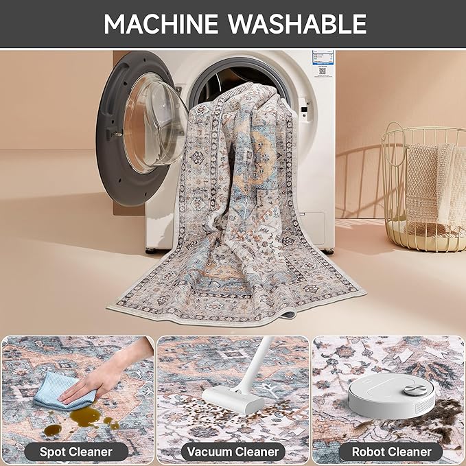 Beige Area Rug for Bedroom & Living Room - Washable, Non-Slip, Foldable, Low Pile, 5x7