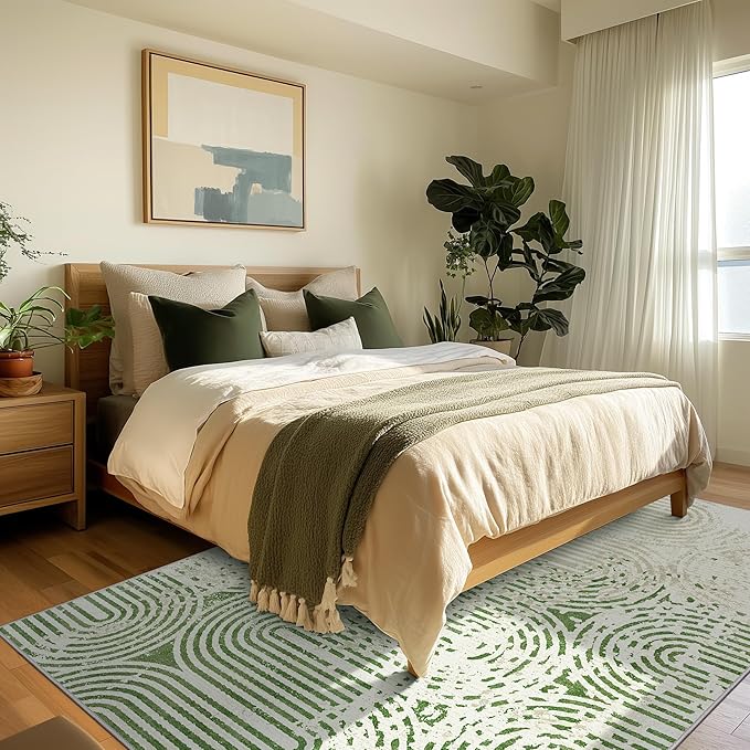 Bavni Area Rug 6X9, Washable Rug for Office, Durable Non Shedding Rugs for Living Room Dining Room, Stain Resistant Aesthetic Modern Bedroom Rug (Beige Green)