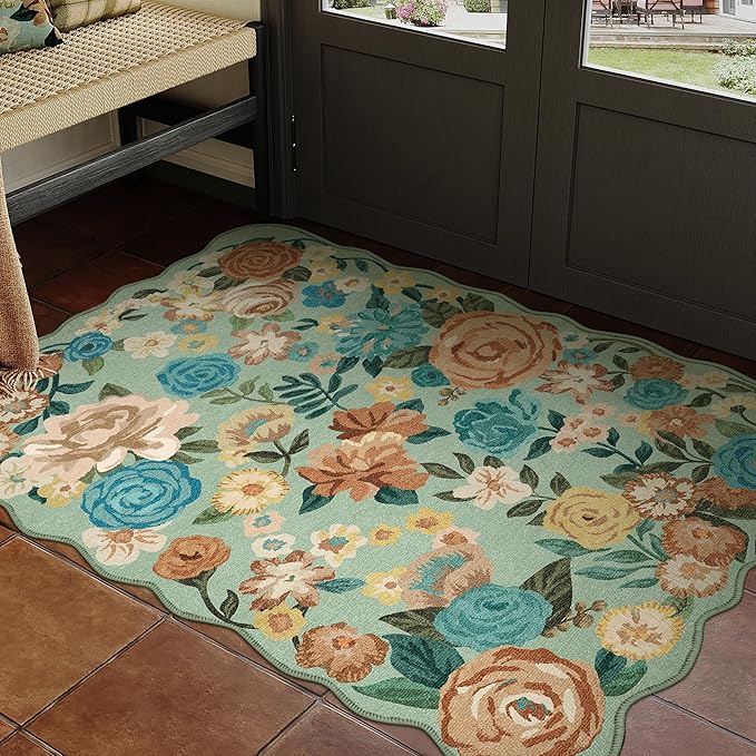 Washable Floral Area Rug 2x3 Green Small Entryway Carpet Scalloped Flower Non Slip Soft Entrance Door Mat Farmhouse Low Pile Indoor Thin Floor Cover for Bathroom Kitchen Bedroom Laundry Room