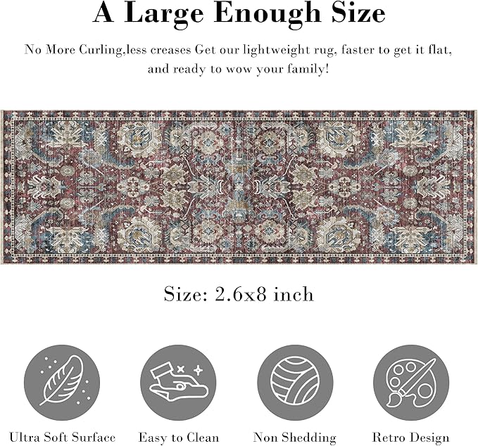 Washable Area Rugs - Perfect for Living Room, Bedroom, Kids Room, Nursery - Stain & Water Resistant Non-Slip, Pet & Child Friendly, Vintage Tribal Area Rugs (Rust and Bule, 2'6'' x 8')
