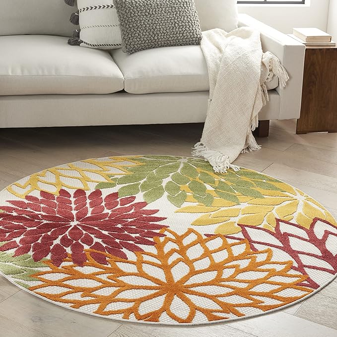 Nourison Aloha Indoor/Outdoor Red Multi Colored 5'3" x Round Area Rug, Tropical, Botanical, Easy Cleaning, Non Shedding, Bed Room, Living Room, Dining Room, Deck, Backyard, Patio (5 Round)