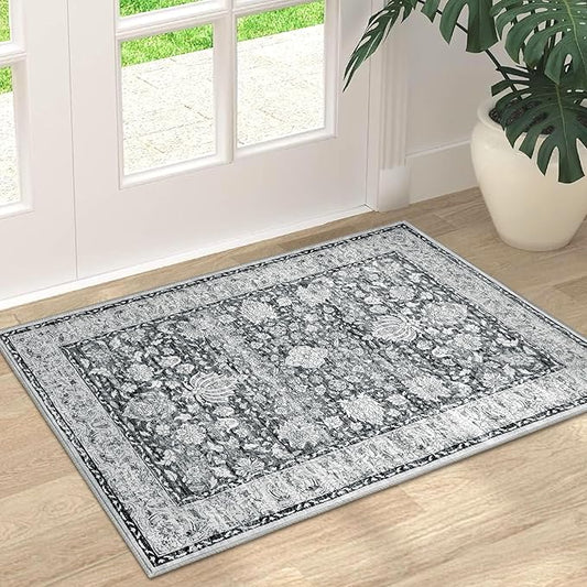 Small 2x3 Throw Rug - Vintage Moroccan Floral, Machine Washable, Low Pile Non Slip Entryway Rug for Kitchen, Bedroom, Laundry Room, Grey