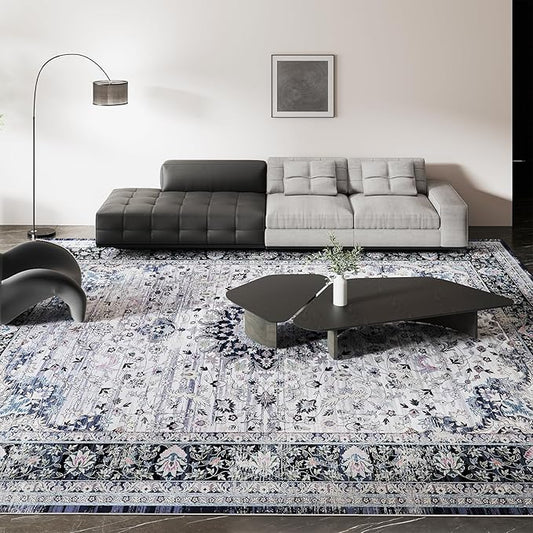 5x7 Rug, Washable Neutral Boho Modern Vintage Non Slip Floral Area Carpet, Low Pile Soft Rugs, Slip Resistance, Pet-Friendly, Durable Rug for Living Room, Bedroom, Kitchen, Dining Room