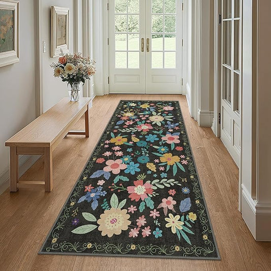 Bavni 2x5 Runner Rug, Foldable Floral Rugs for Hallways Kitchen Bedroom Kids Room, Lightweight Machine Washable Non Slip Rubber Rugs Backing, Ultra-Thin Aesthetic Boho Black