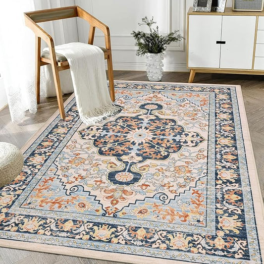 U'Artlines Boho Vintage Area Rug 3x5 Machine Washable Low Pile Soft Floor Carpet Non Slip Non Shedding Accent Rug for Living Room Bedroom Entryway Dining Room Office Orange Blue