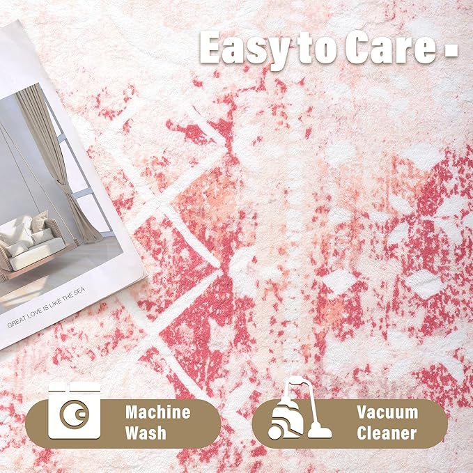 Carvapet Boho Rugs for Living Room, Moroccan Pink Low Pile Small Carpet with Rubber Backing, Foldable, Non Slip Machine Washable (5 x 3 Feet Rectangular, Pink Area Rug)