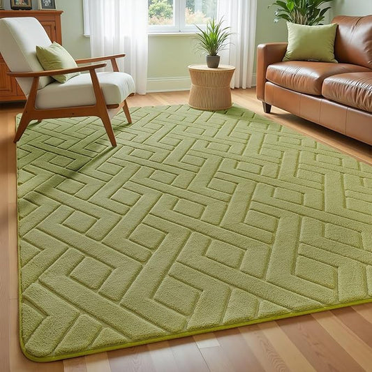 Ultra Soft Green Area Rug for Living Room, 5x7 Modern Geometric Shag Rugs with Nonslip Backing for Bedroom, Washable Fuzzy Carpet for Cozy Kids Room Nursery