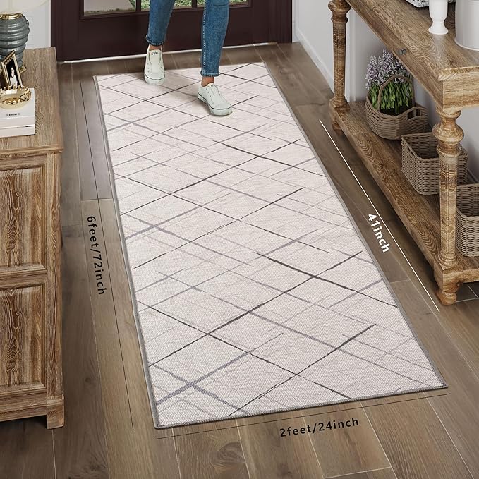 Runners for Hallways Kitchen Runner Rug Non Slip 2x6 Washable Runner Rugs No Pile Tear and Stain Resistance, Hand Woven Style Thin Runners for Hallways, Kitchen, Laundry, Bathroom- White