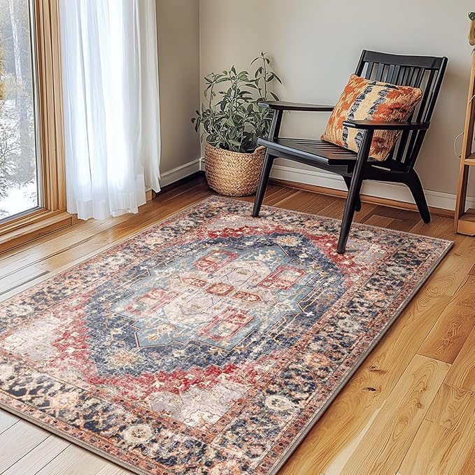 Washable 3x5 Area Rugs, Rugs for Living Room, Low-Pile Water&Stain Resistant Carpet Vintage Distressed Printed Non-Slip Carpet for Bedroom Bathroom Kitchen-Dark Red