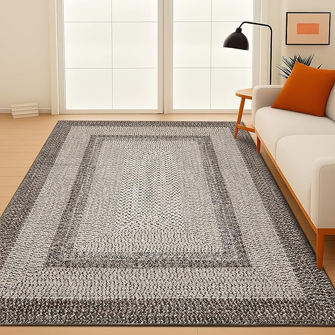 Imitation Braided Collection-Print Modern Area Rug 5x7 Washable Rug Non Slip Non Shedding Farmhouse Floor Cover, Ultra-Thin Foldable Carpet for Bedroom, Living Room Dining Room