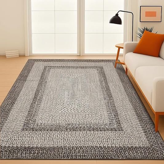 Imitation Braided Collection-Print Modern Area Rug 5x7 Washable Rug Non Slip Non Shedding Farmhouse Floor Cover, Ultra-Thin Foldable Carpet for Bedroom, Living Room Dining Room