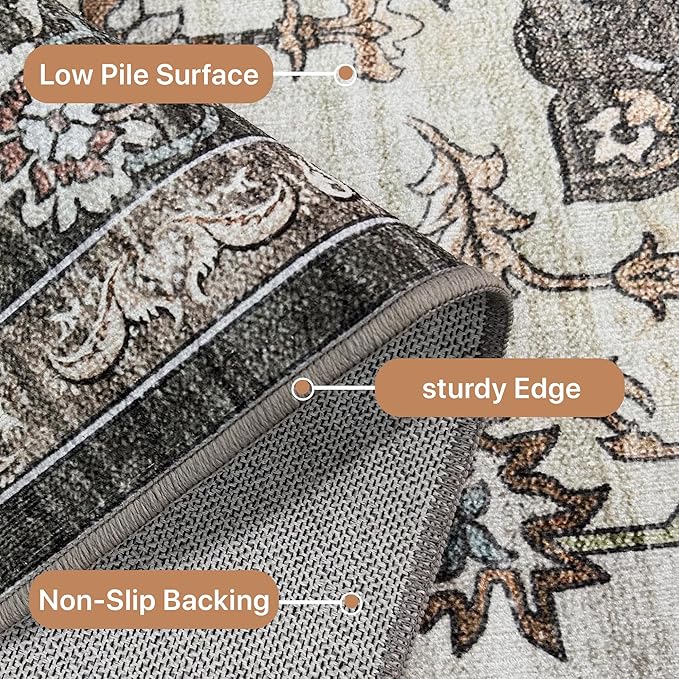 Area Rugs for Living Room 9x12 Machine Washable Rug, Boho Vintage Retro Large Floral Medallion Carpet for Bedroom Dining Room, Low Pile Lightweight Thin Non Slip Rug，Dark Grey