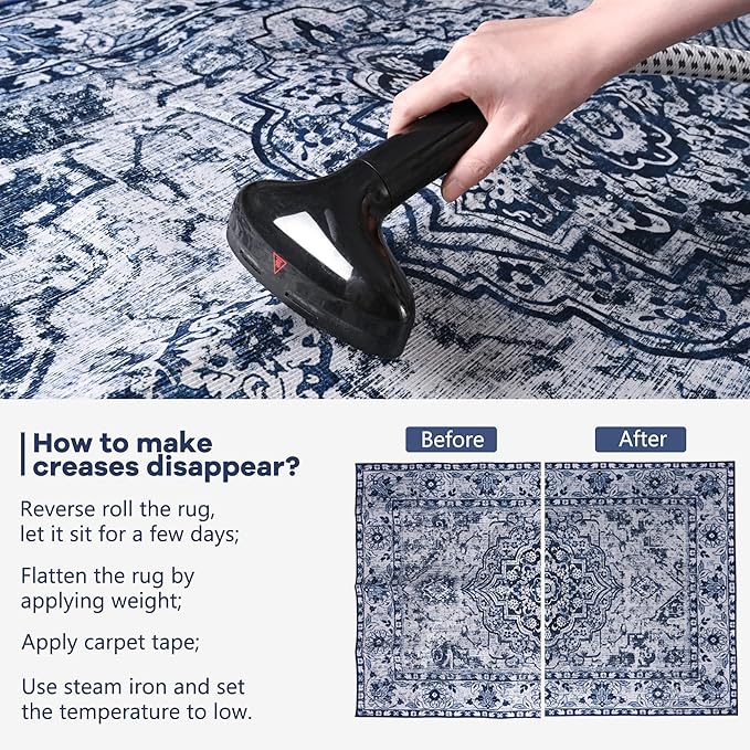 YJ.GWL Area Rug for Living Room, 3x5 Machine Washable Boho Rug for Bedroom, Low Pile Lightweight Thin Rugs Floral Vintage Distress Print Pattern Carpet for Dining Room Kitchen, Blue/White