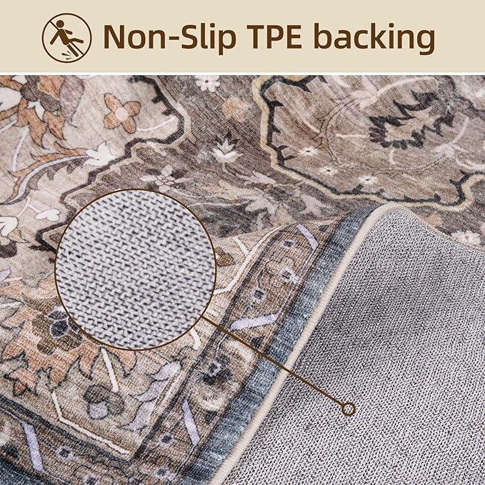 Washable Area Rug 5x7 Non-Slip, Boho Rugs for Living Room Decor，Indoor Mat for Front Porch, Kitchen, Laundry Room, Bathroom, Olive