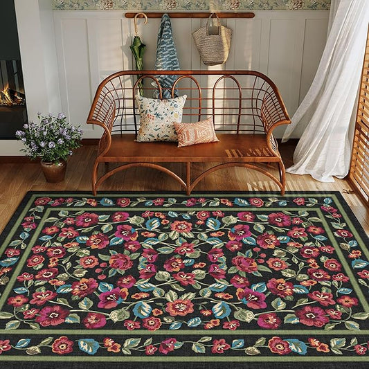 Black Area Rug 4x6 Washable Living Room Non Slip Kitchen Soft Floral Indoor Carpet Vintage Low Pile Accent Throw Rug for Office Dining Room Nursery Bathroom Farmhouse