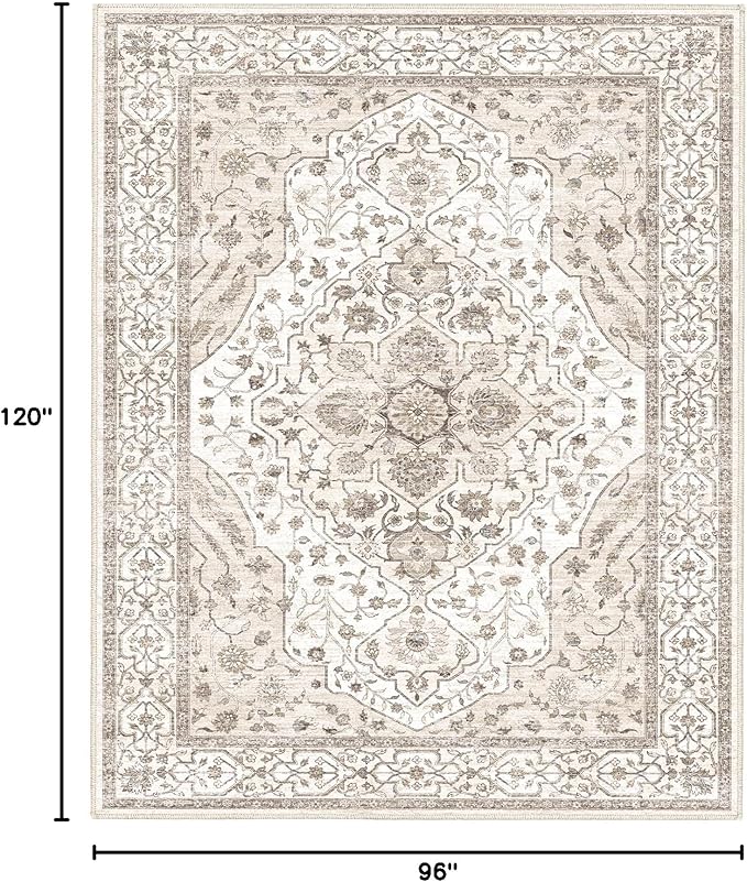 8'x10' Machine Washable Vintage Design Area Rug - Non Slip, Stain Resistant for Home, Office, Machine Washable Area Rugs 8x10 for Living Room (Beige Cream 8x10)